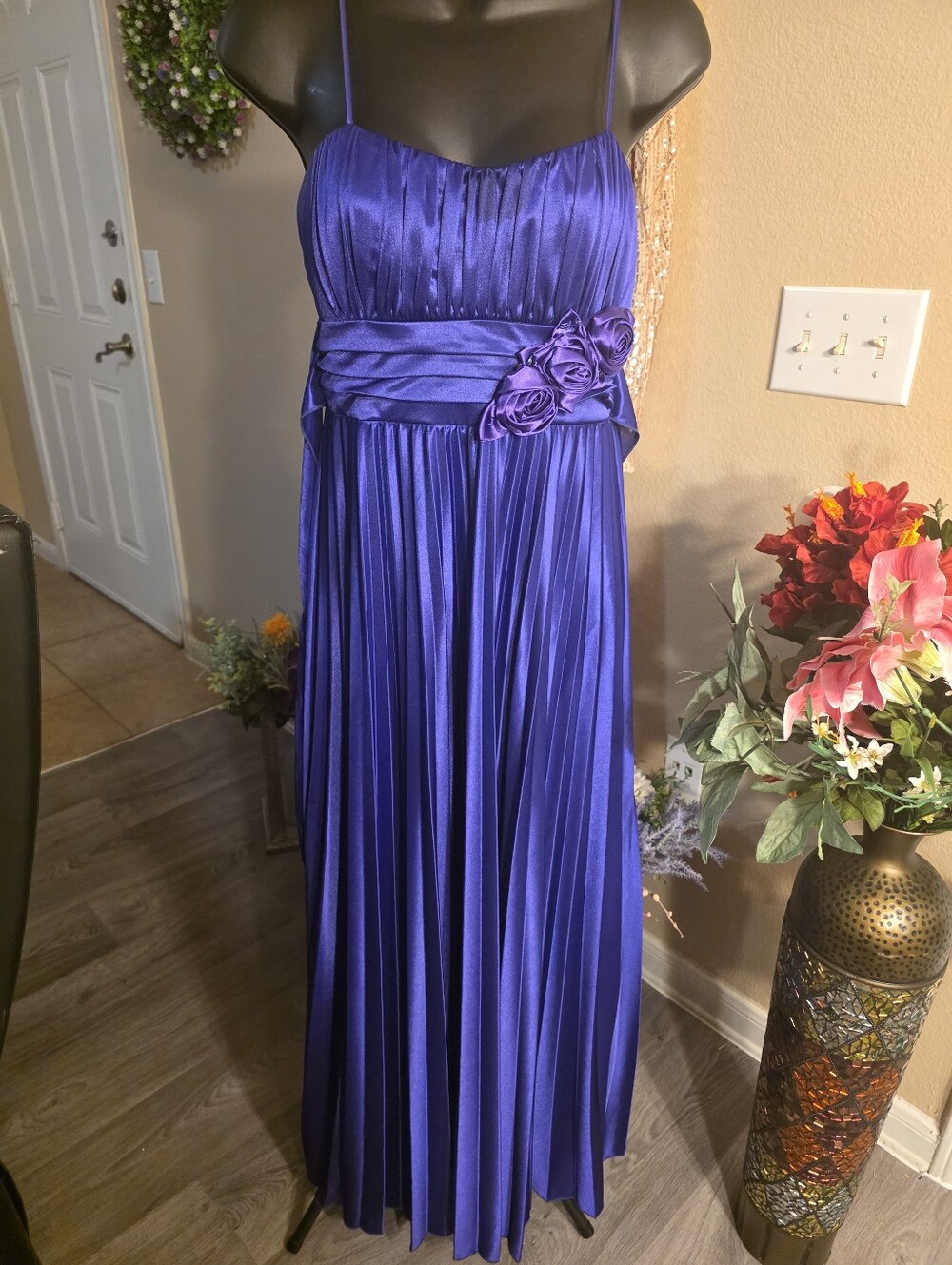 Satin Pleated Royal Blue Maxi Dress with Floral Waist Detail